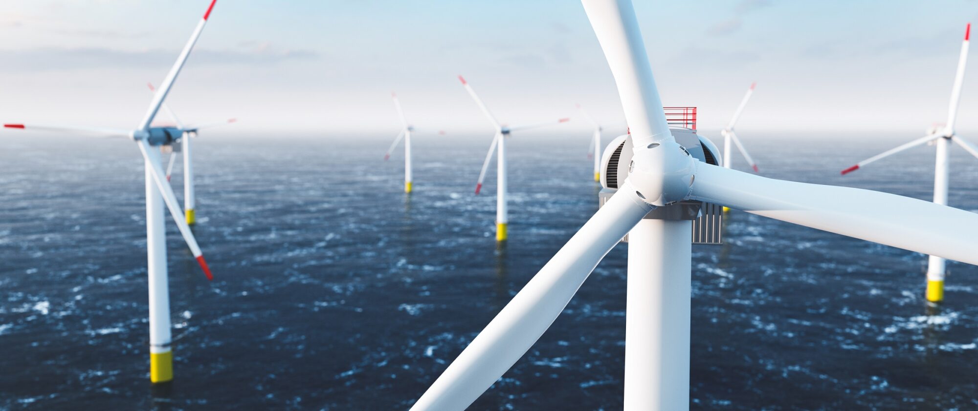Offshore Wind Power And Energy Farm With Many Wind Turbines On The Ocean
